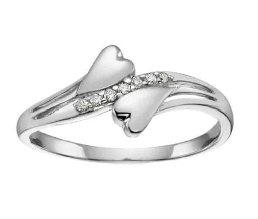 BAGUE 2 COEURS EN OR 10K BLANC SERTIE DE DIAMANTS