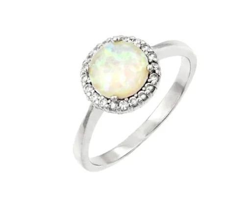 BAGUE EN ARGENT RHODIÉ SERTIE DpiUNE OPALE SYNTHÉTIQUE ET DE CUBIQUES ZIRCONIAS
