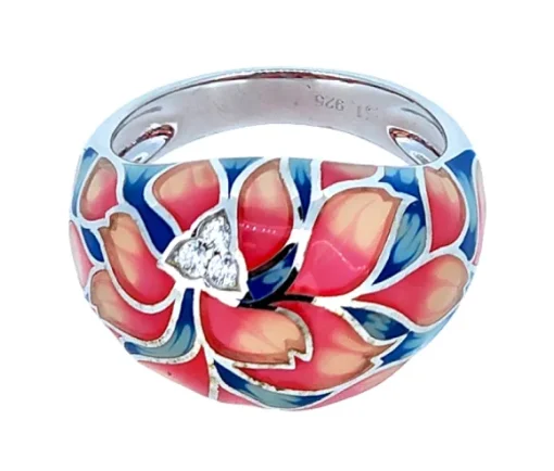 BAGUE EN ARGENT RHODIÉ/RÉSINE STYLE CABOCHON SERTIE DE CUBIQUES ZIRCONIAS