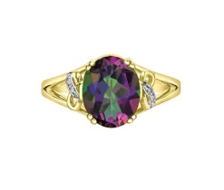 BAGUE EN OR JAUNE SERTIE DpiUN TOPAZE MYSTIQUE OU DpiUNE ÉMERAUDE SIMULÉE ET DE DIAMANTS