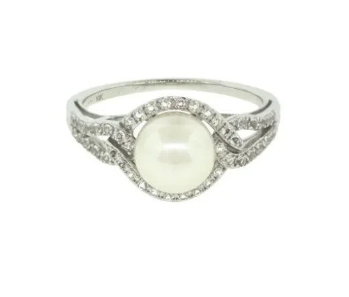 BAGUE EN OR 10K BLANC SERTIE DpiUNE PERLE DpiEAU DOUCE ET DE CUBIQUES ZIRCONIAS