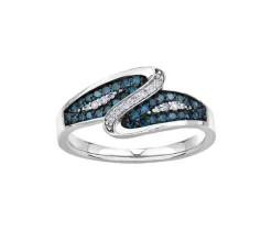BAGUE EN OR 10K BLANC SERTIE DE DIAMANTS BLEUS ET BLANCS