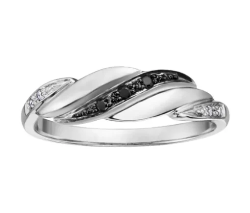 BAGUE EN OR 10K BLANC SERTIE DE DIAMANTS BLANC ET NOIRS