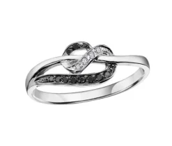 BAGUE EN OR 10K BLANC SERTIE DE DIAMANTS NOIRS ET BLANCS