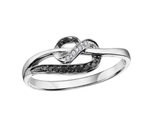 BAGUE EN OR 10K BLANC SERTIE DE DIAMANTS NOIRS ET BLANCS