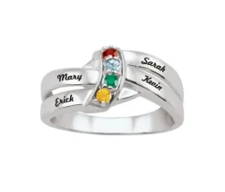 BAGUE FAMILIALE EN ARGENT SERTIE DE PIERRES DE NAISSANCE 2-4 PIERRES