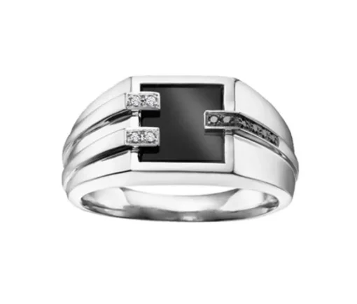 BAGUE POUR HOMME EN OR BLANC SERTIE DpiONYX ET DE DIAMANTS BLANCS ET NOIRS