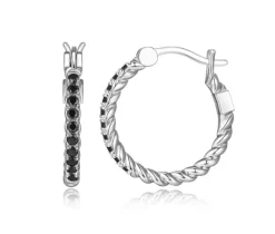 BOUCLES ANNEAUX EN ARGENT RHODIÉ SERTIES DE SPINELLES NOIRS