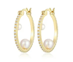 BOUCLES ANNEAUX EN ARGENT/PVD OR SERTIES DE PERLES DpiEAU DOUCE ET DE CZ