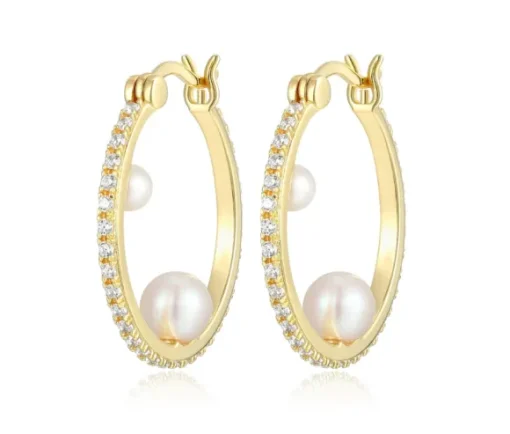 BOUCLES ANNEAUX EN ARGENT/PVD OR SERTIES DE PERLES DpiEAU DOUCE ET DE CZ