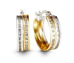 BOUCLES ANNEAUX EN OR 2 TONS SERTIES DE 2RANGS DE CUBIQUES ZIRCONIAS