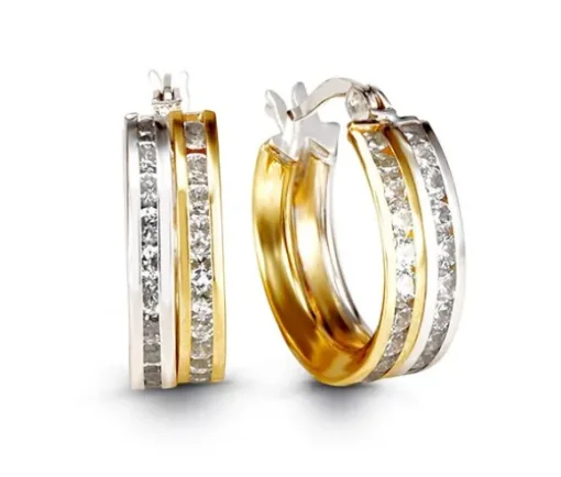 BOUCLES ANNEAUX EN OR 2 TONS SERTIES DE 2RANGS DE CUBIQUES ZIRCONIAS