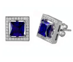 BOUCLES CARRÉ AVEC HALO DE CUBIQUES ZIRCONIAS EN ARGENT RHODIÉ ET CUBIQUE ZIRCONIA DE COULEURS VARIÉES