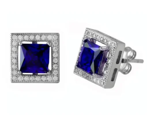 BOUCLES CARRÉ AVEC HALO DE CUBIQUES ZIRCONIAS EN ARGENT RHODIÉ ET CUBIQUE ZIRCONIA DE COULEURS VARIÉES