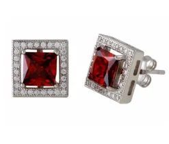 BOUCLES CARRÉ AVEC HALO DE CUBIQUES ZIRCONIAS EN ARGENT RHODIÉ ET CUBIQUE ZIRCONIA DE COULEURS VARIÉES