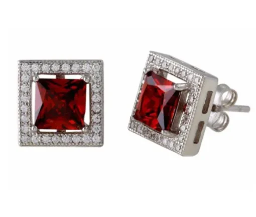 BOUCLES CARRÉ AVEC HALO DE CUBIQUES ZIRCONIAS EN ARGENT RHODIÉ ET CUBIQUE ZIRCONIA DE COULEURS VARIÉES