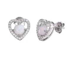 BOUCLES COEUR EN ARGENT RHODIÉ SERTIES DpiOPALES SYNTHÉTIQUES ET DE CUBIQUES ZIRCONIAS