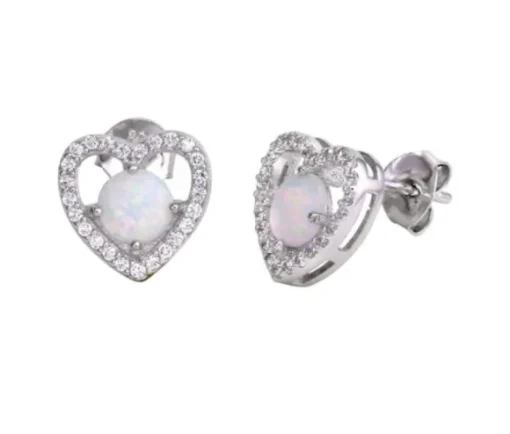 BOUCLES COEUR EN ARGENT RHODIÉ SERTIES DpiOPALES SYNTHÉTIQUES ET DE CUBIQUES ZIRCONIAS