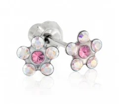 BOUCLES DE PERÇAGE EN ACIER SERTIES DE CUBIQUES ZIRCONIAS ROSES/BLANCS (*PERÇAGE GRATUIT)