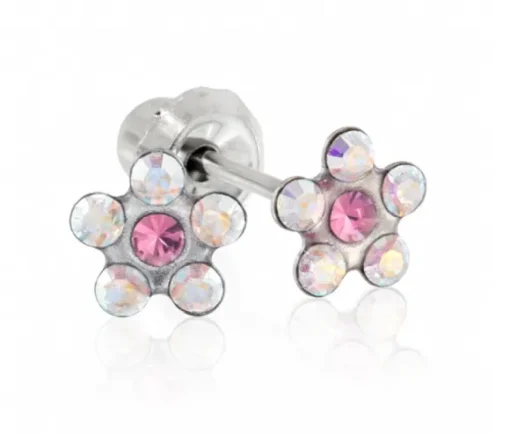 BOUCLES DE PERÇAGE EN ACIER SERTIES DE CUBIQUES ZIRCONIAS ROSES/BLANCS (*PERÇAGE GRATUIT)