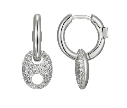 BOUCLES ELLE HUGGIES EN ARGENT RHODIÉ SERTIES DpiUN GRAIN DE CAFÉ À PAVÉ DE CUBIQUES ZIRCONIAS