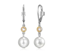 BOUCLES EN ARGENT RHODIÉ/PVD OR 2 TONS SERTIES DE PERLES ET DE CUBIQUES ZIRCONIAS