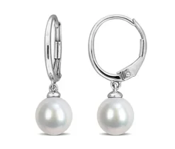BOUCLES EN OR BLANC SERTIES DE PERLES DE CULTURE AVEC ATTACHES FRANÇAISES