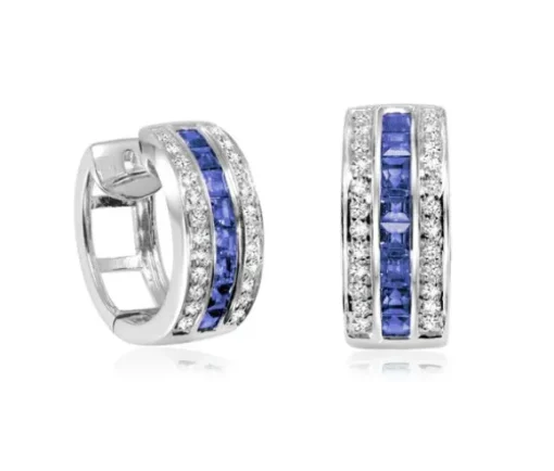 BOUCLES EN OR 10K BLANC SERTIES DE SAPHIRS ET DE DIAMANTS