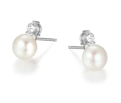 BOUCLES FIXES EN ARGENT RHODIÉ SERTIES DE PERLE DE CULTURE ET DE CUBIQUES ZIRCONIAS