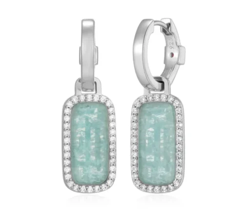 BOUCLES HUGGIES EN ARGENT RHODIÉ SERTIS DpiAMAZONITE ET DE CUBIQUES ZIRCONIAS