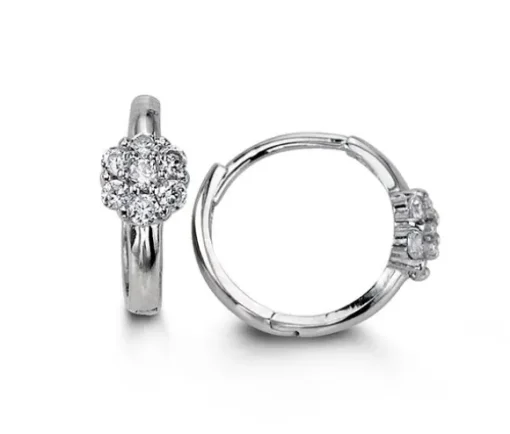 BOUCLES HUGGIES 14K BL. FLEUR CZ 10MM