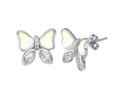 BOUCLES PAPILLONS EN ARGENT RHODIÉ SERTIES DE NACRE DE PERLE ET DE CUBIQUES ZIRCONIAS