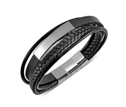 bracelet acier cuir noir multi strap 8.5+0.5po