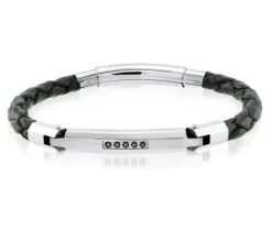 BRACELET EN CUIR TRESSÉ ET ACIER SERTI DE CUBIQUES ZIRCONIAS NOIRS