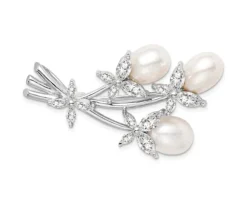 BROCHE BOUQUET FLEURS EN ARGENT RHODIÉ SERTI DE PERLES DpiEAU DOUCE ET DE CUBIQUES ZIRCONIAS