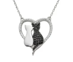 COLLIER CHATS AMOUREUX EN ARGENT RHODIÉ SERTI DE CUBIQUES ZIRCONIAS NOIRS ET BLANC