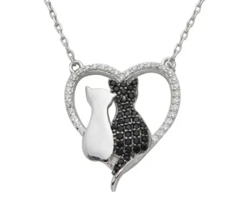 COLLIER CHATS AMOUREUX EN ARGENT RHODIÉ SERTI DE CUBIQUES ZIRCONIAS NOIRS ET BLANC