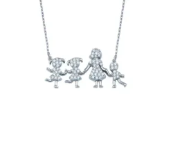 COLLIER FAMILLE (MAMAN ET SON GARÇON ET SES 2 FILLES) EN ARGENT RHODIÉ SERTI DE CUBIQUES ZIRCONIAS