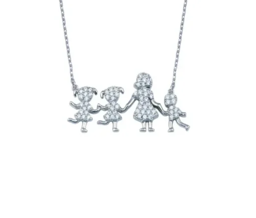 COLLIER FAMILLE (MAMAN ET SON GARÇON ET SES 2 FILLES) EN ARGENT RHODIÉ SERTI DE CUBIQUES ZIRCONIAS