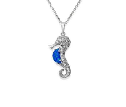 COLLIER HYPPOCAMPE EN ARGENT RHODIÉ SERTI DpiUNE OPALE BLEU OU BLANCHE SYNTHÉTIQUE ET DE CUBIQUES ZIRCONIAS