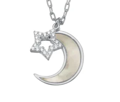 COLLIER LUNE/ÉTOILE EN ARGENT RHODIÉ SERTI DE NACRE DE PERLE ET DE CUBIQUES ZIRCONIAS