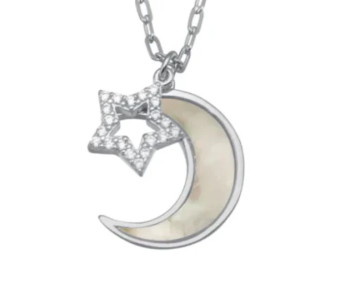 COLLIER LUNE/ÉTOILE EN ARGENT RHODIÉ SERTI DE NACRE DE PERLE ET DE CUBIQUES ZIRCONIAS