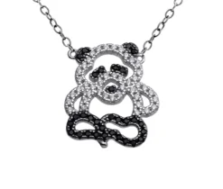 COLLIER PANDA AJOURÉ EN ARGENT RHODIÉ SERTI DE CUBIQUES ZIRCONIAS NOIRS ET BLANCS