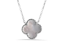 COLLIER TRÈFLE EN ARGENT RHODIÉ SERTI DE NACRE DE PERLE OU DpiÉMAIL NOIR