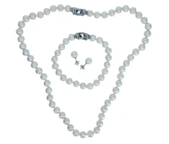 ENSEMBLE COLLIER, BRACELET ET BOUCLES EN OR BLANC SERTIS DE PERLES DE CULTURE