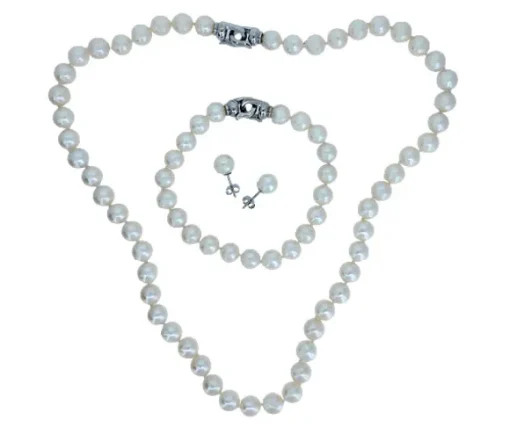 ENSEMBLE COLLIER, BRACELET ET BOUCLES EN OR BLANC SERTIS DE PERLES DE CULTURE