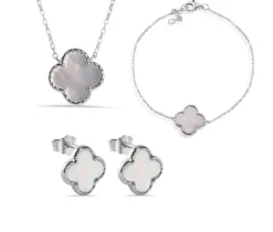 KIT COLLIER, BRACELET ET BOUCLES TRÈFLE EN ARGENT RHODIÉ SERTI DE NACRE DE PERLE