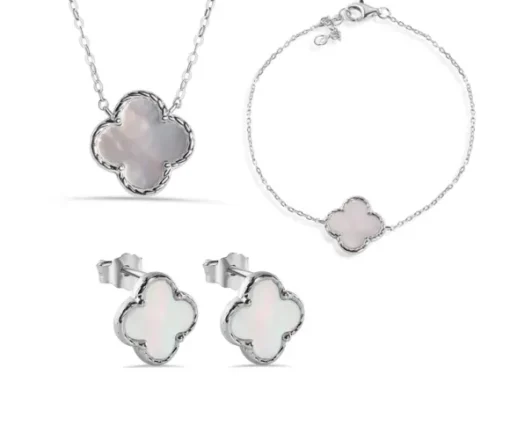 KIT COLLIER, BRACELET ET BOUCLES TRÈFLE EN ARGENT RHODIÉ SERTI DE NACRE DE PERLE