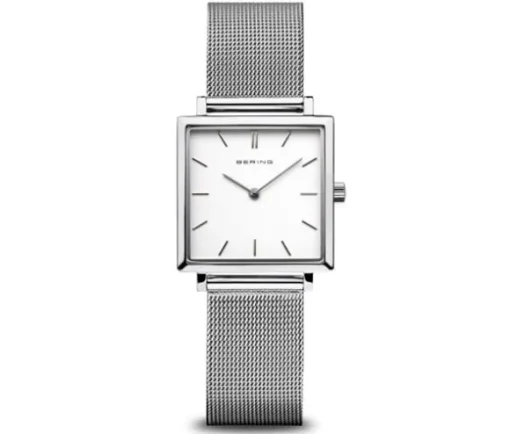 MONTRE BERING CARRÉ POUR DAME EN ACIER AVEC BRACELET À MAILLES MILANAISES