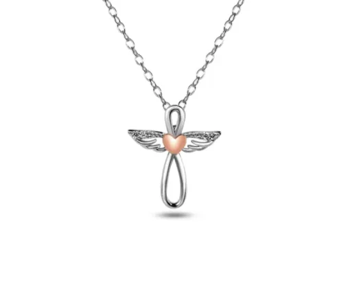 PENDENTIF ANGE/COEUR EN ARGENT RHODIÉ/PVD OR ROSE 2 TONS SERTI DE CUBIQUES ZIRCONIAS